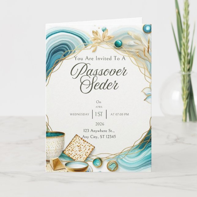 Passover Invitation Card - Agate Blue Gold (Front)