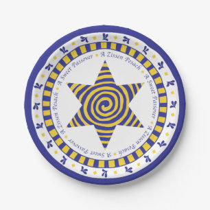 Passover Paper Plate Blue/Yellow Star Pattern