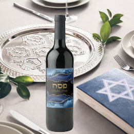 Passover Seder Agate Blue Gold Hebrew Wine Label