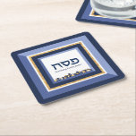 Passover Seder Jerusalem Blue Gold Hebrew  Square Paper Coaster<br><div class="desc">The Blue & Gold Jerusalem design on this paper coaster is a meaningful,  upscale way to dress up your Seder table this Passover. Our Passover / Pesach Seder Coaster has the Hebrew word "Pesach" and space for your family name or message. Enquiries: message us or email bestdressedbread@gmail.com</div>