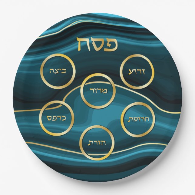 Passover  Seder Plate Faux Agate Teal & Gold (Front)