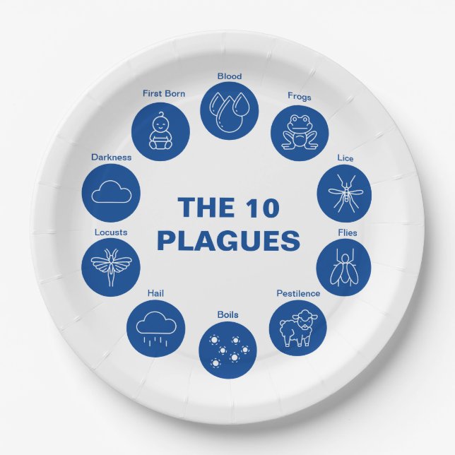 Passover Seder The 10 Plagues Blue and White  Paper Plate (Front)