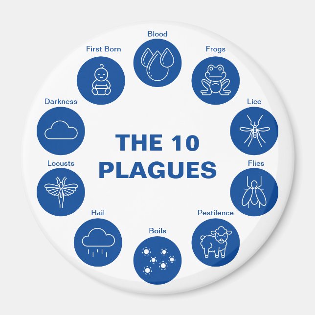 Passover The 10 Plagues Blue and White Seder Magnet (Front)