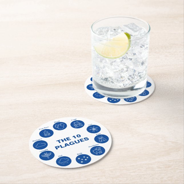 Passover The 10 Plagues Blue and White Seder Round Paper Coaster (Insitu)