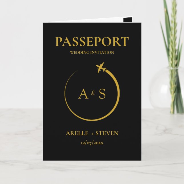 Passport Destination Faux gold Wedding Invitation (Front)