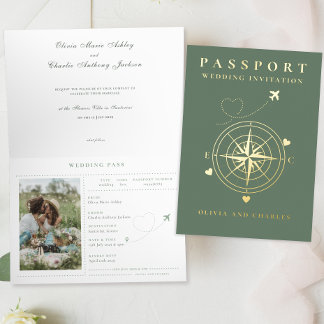 Passport Destination Sage Gold Wedding Invitation