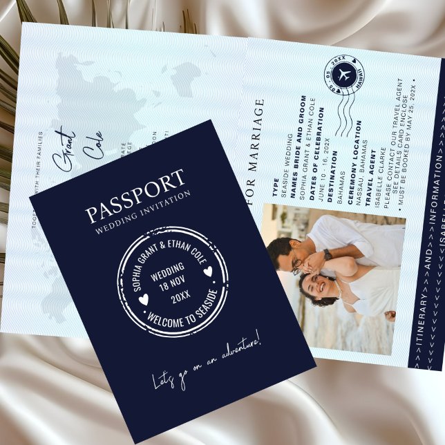 Passport Destination Wedding Blue invitation (Creator Uploaded)