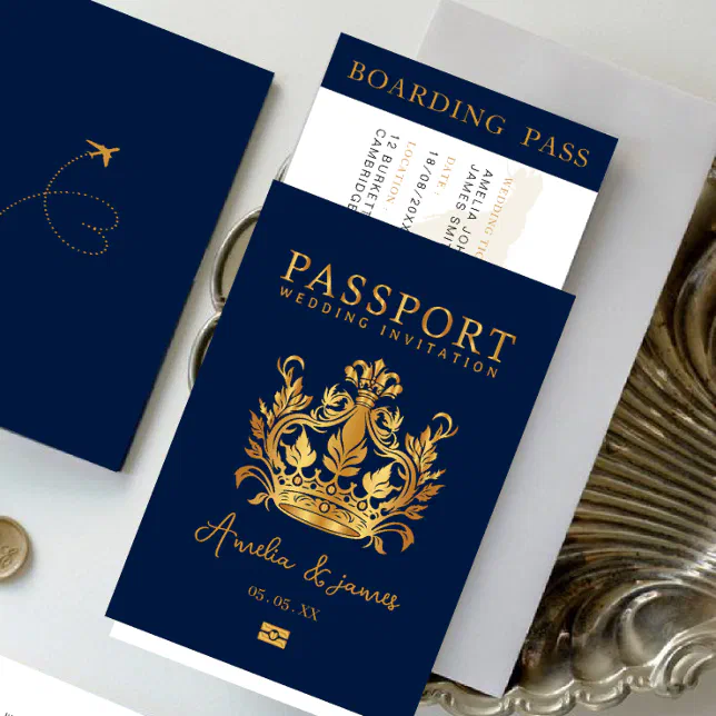 Passport Destination Wedding Faux gold invitation | Zazzle