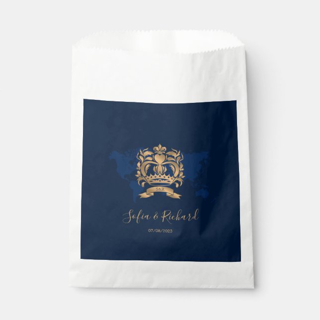 Passport Destination Wedding Gold Navy Map Crest Favour Bag (Front)