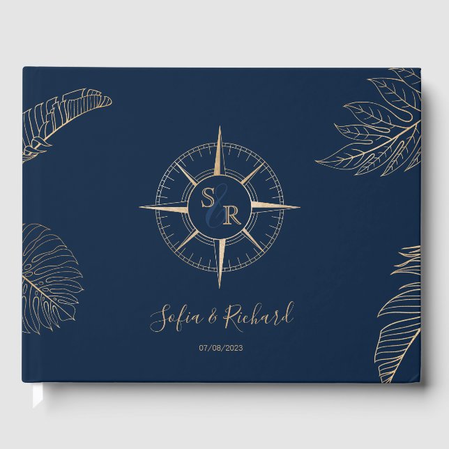 Passport Destination Wedding Palm Compass Monogram Guest Book (Front)