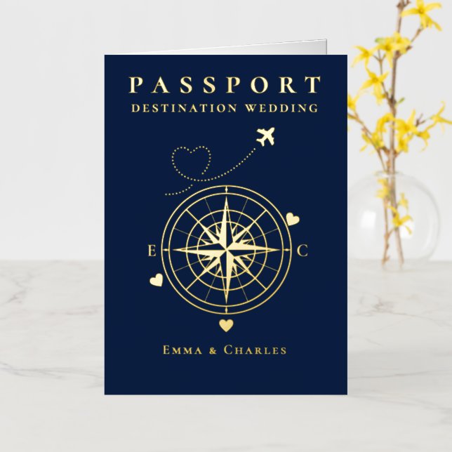 Passport Navy Blue Gold Wedding Save The Date Foil Holiday Card (Yellow Flower)