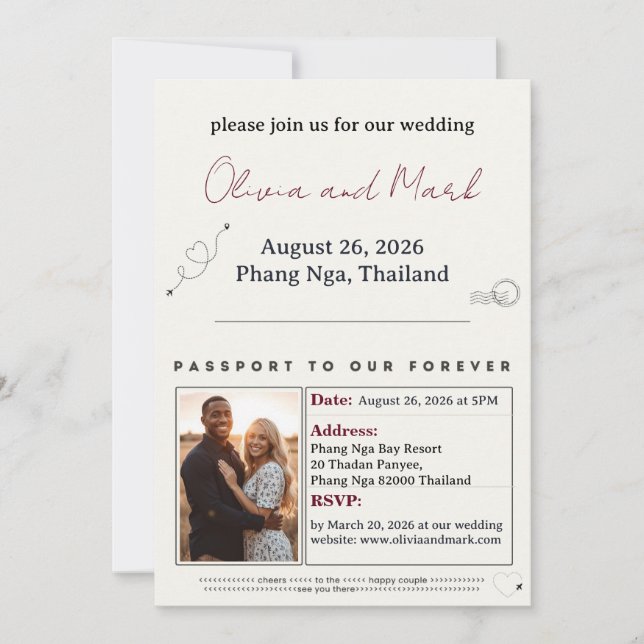 Passport RSVP Card – Burgundy & Champagne (Front)