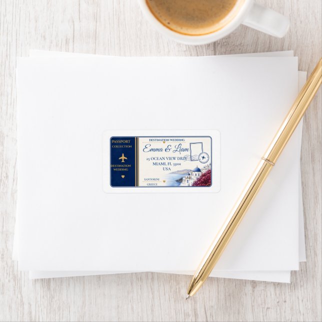 Passport Santorini Destination Wedding Address Lab Label (Insitu)
