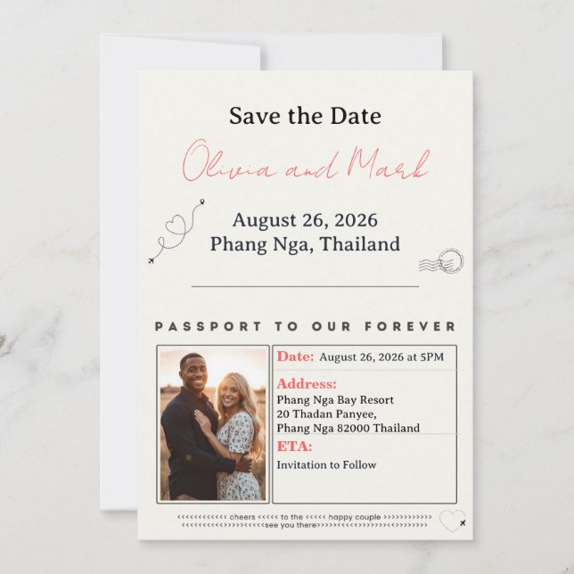 Passport Save the Date – Teal & Coral | Tropical Invitation (Front)