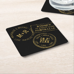 Passport Stamp Personalized Black Gold  Square Paper Coaster