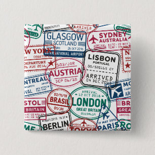 Passport Stamps Addict Retro World Traveler  2 Inch Square Button