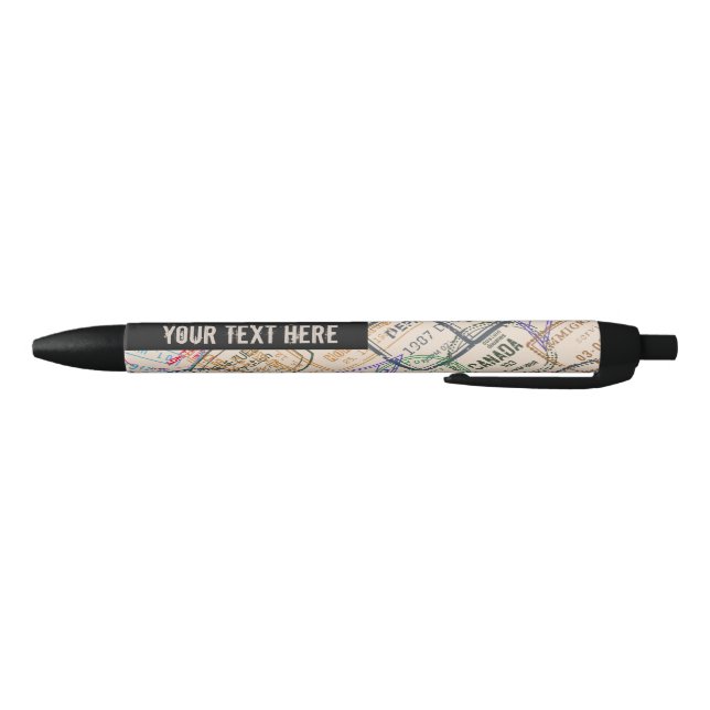 Passport Stamps Travel Pattern Personalized Black Ink Pen (Bottom)