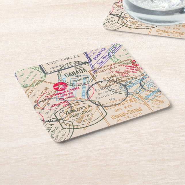 Passport Stamps Travel Square Paper Coaster (Angled)