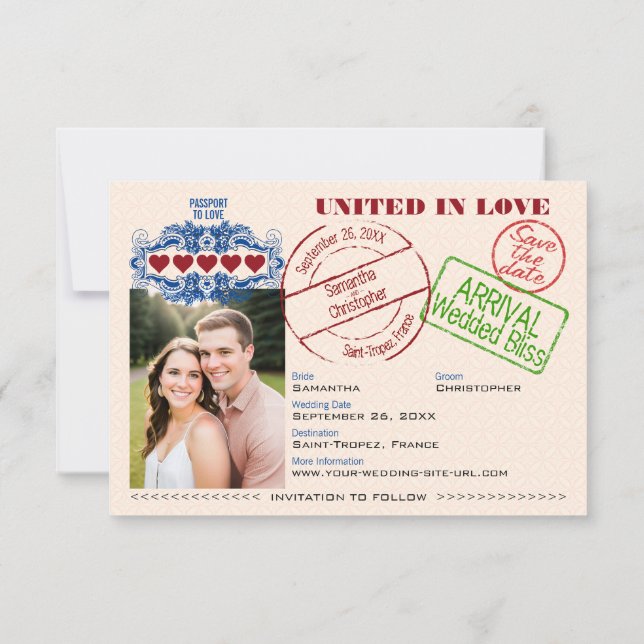 Passport to Love Cute Destination Wedding Orange Save The Date (Back)
