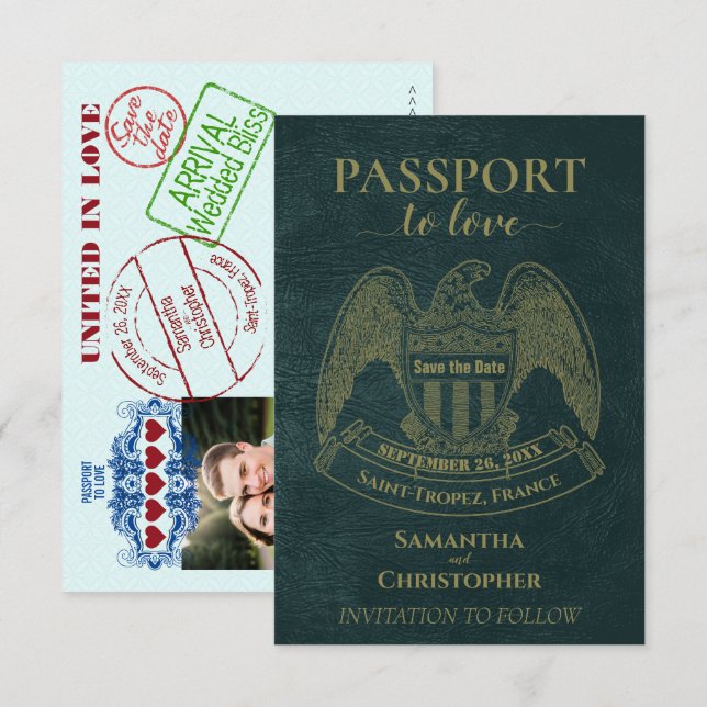 Passport to Love Cute Fun Destination Wedding Teal Save The Date (Front/Back)