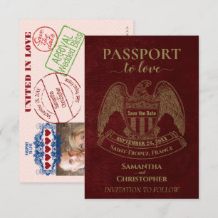 Passport to Love Whimsical Destination Wedding Red Save The Date
