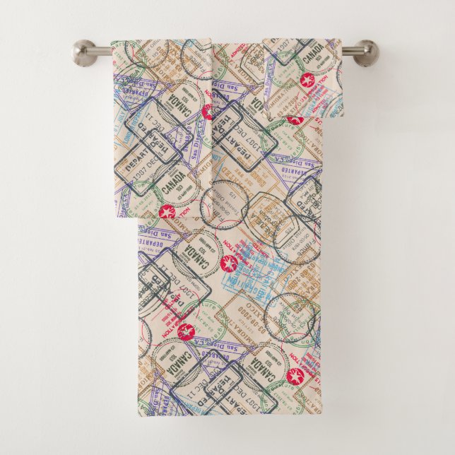 Passport Travel Stamps Bath Towel Set (Insitu)