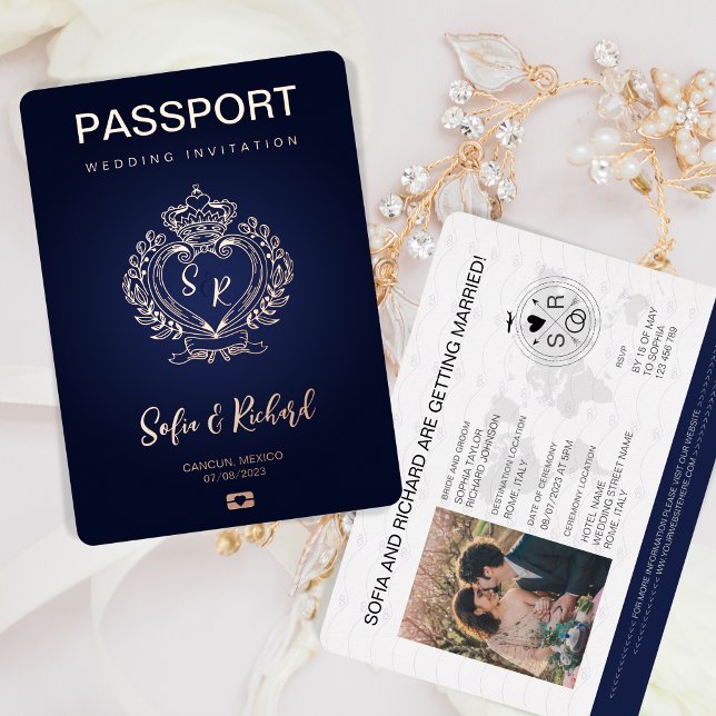 Passport Wedding Destination Gold Crest Monogram (rose gold crest on navy blue passport invitation)