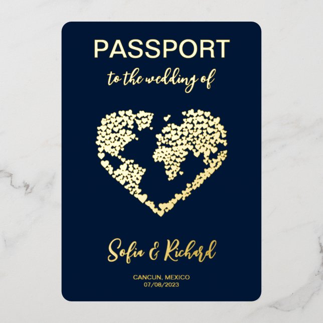 Passport Wedding Destination Gold Foil World Map (Front)