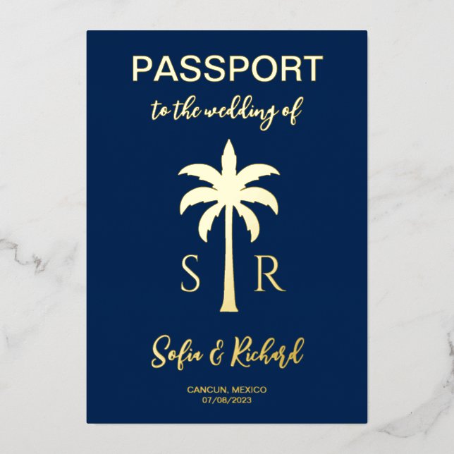 Passport Wedding Destination Gold Palm Monogram (Front)
