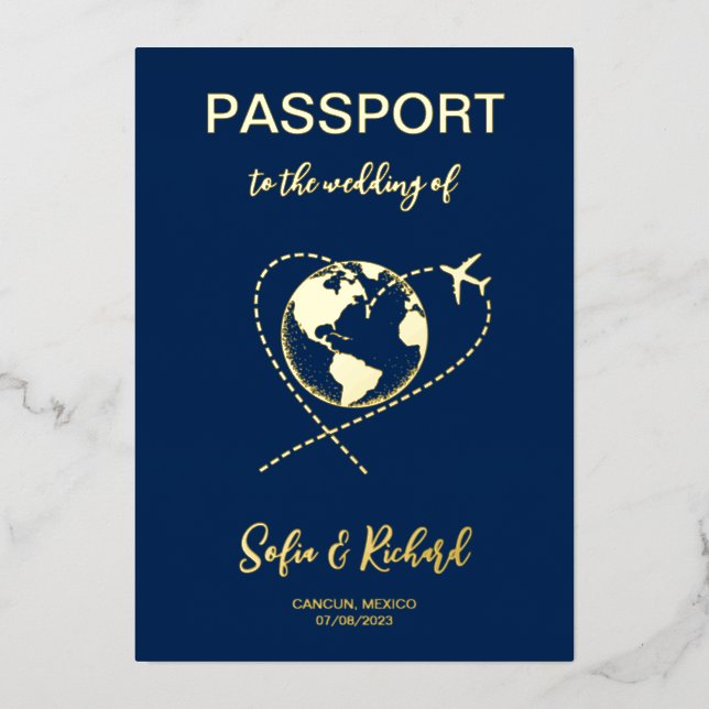 Passport Wedding Destination Gold World Map Foil I (Front)