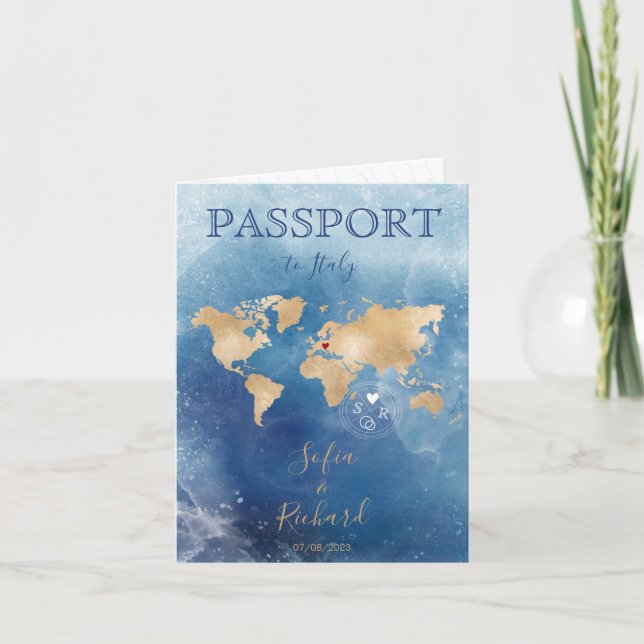  Passport  Wedding Destination Gold World Map  Inv Invitation (Front)