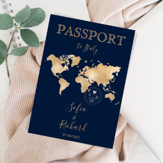 Passport Wedding Destination Gold World Map Invitation