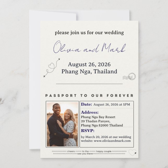 Passport Wedding Invitation – Navy & Gold Travel (Front)
