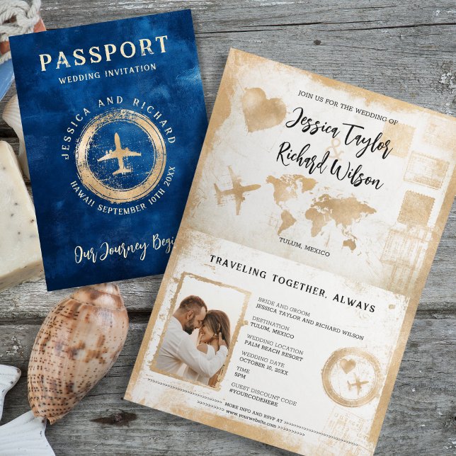 Passport Wedding Navy Blue Gold Vintage Invitation (vintage passport with gold plane and stamp on navy background)