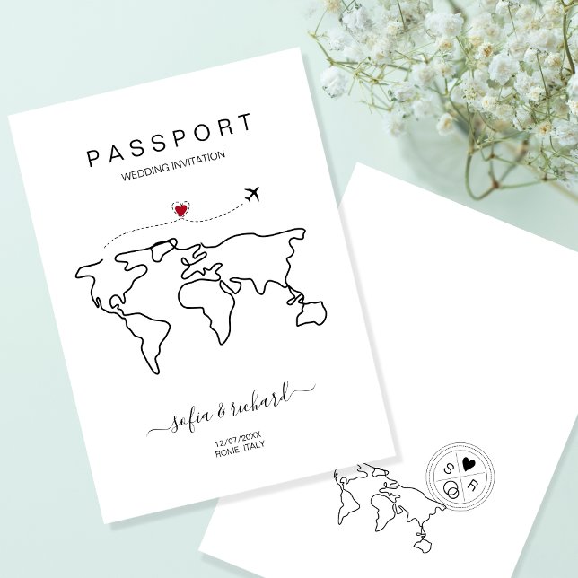Passport World Map Modern Minimalist Destination   Invitation (Creator Uploaded)
