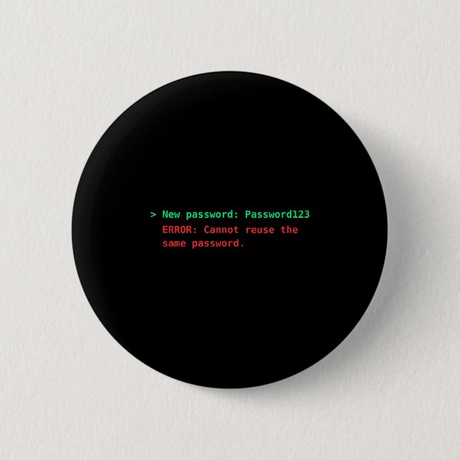 Password123 funny reuse error terminal tech humour 2 inch round button (Front)