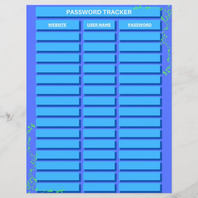 Password Tracker Paper Sheet (Front)