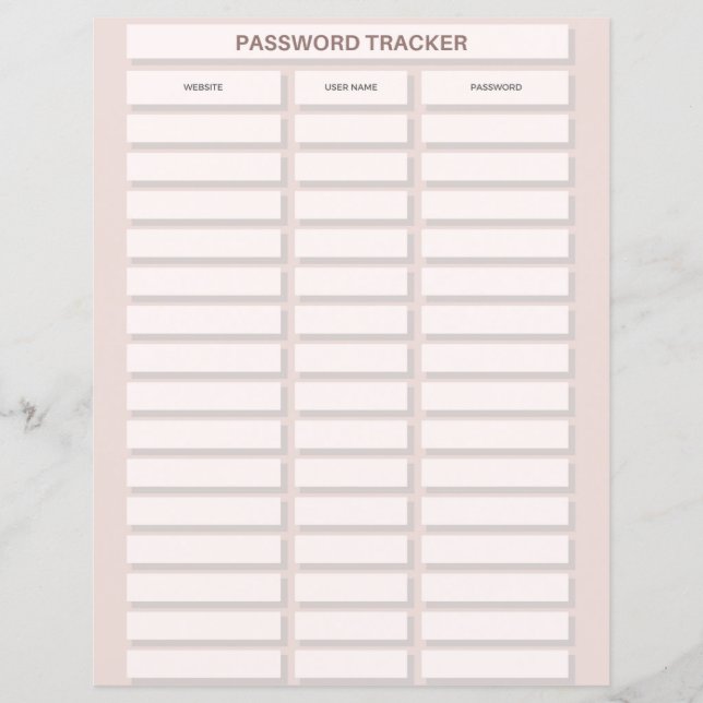 Password Tracker Paper Sheet (Front)
