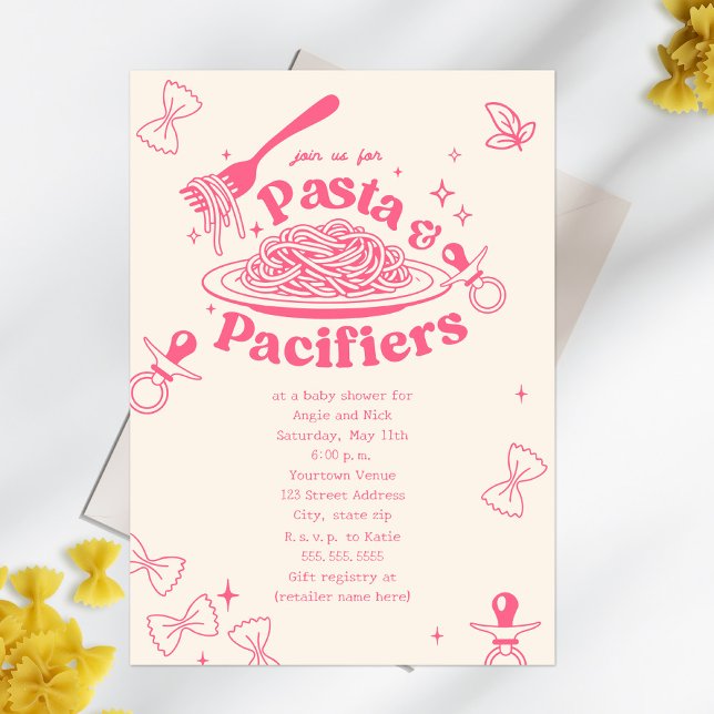 Pasta And Pacifiers Pink Doodle Girl Baby Shower Invitation (Creator Uploaded)