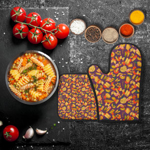 Pasta and vegetables purple oven mitt & pot holder set