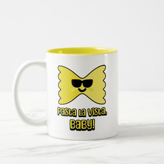 Pasta la vista, baby! Cute pasta pun cartoon  Two-Tone Coffee Mug (Left)