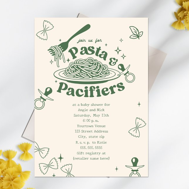 Pasta & Pacifiers Doodle Neutral Green Baby Shower Invitation (Creator Uploaded)