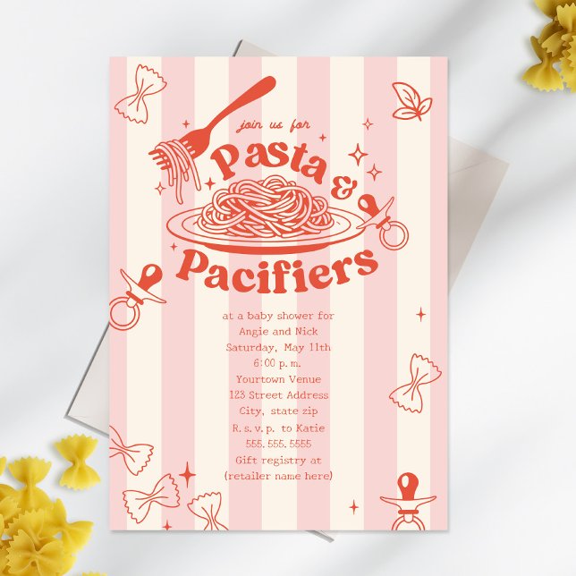 Pasta & Pacifiers Doodle Pink Girl Baby Shower Invitation (Creator Uploaded)