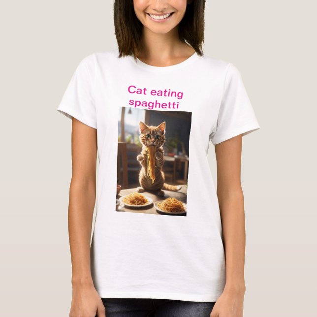 "Pasta Paws: Cat Eating Spaghetti T-Shirt" T-Shirt (Front)
