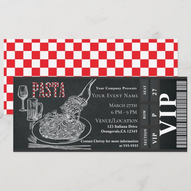 Pasta WIne Dinner Chalk VIP Dinner Party Ticket Invitation (Front/Back)