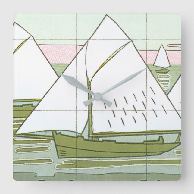 Paste Sailboats Vintage Seascape Labels Square Wall Clock (Front)