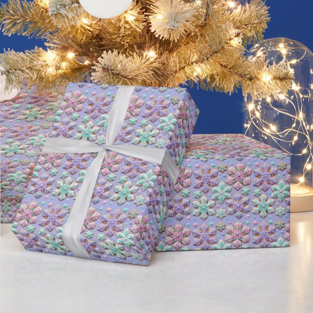 Pastel 3D Snowflakes On Purple Wrapping Paper (Holidays)