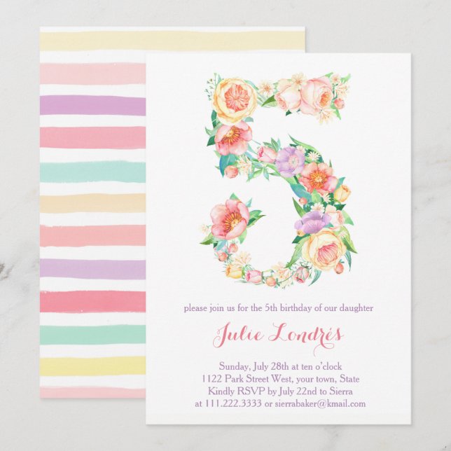 Pastel 5th Birthday Invites for Alfresco Party (Front/Back)