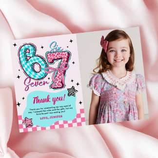 Pastel 67 Six Seven Girl Birthday Party Photo Thank You Card