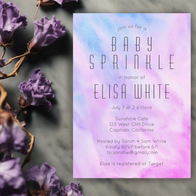 Pastel Abstract Elegant Chic CUSTOM BABY SPRINKLE Invitation (Pastel Abstract Elegant Chic CUSTOM BABY SPRINKLE Invitation purple blue watercolor)
